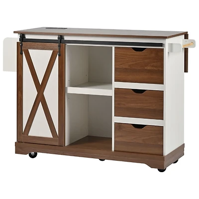 Casainc 55.5" Kitchen Storage Island With Drop Leaf, Barn Door, Power Outlet, Spice Rack (No Stools)
