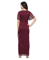 Alex Evenings Women's Embellished Flutter Sleeve Long Dress