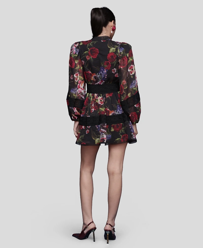 Avec Les Filles Women's Floral-Print Lace-Trim Chiffon Dress