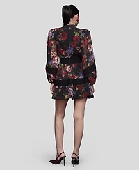 Avec Les Filles Women's Floral-Print Lace-Trim Chiffon Dress