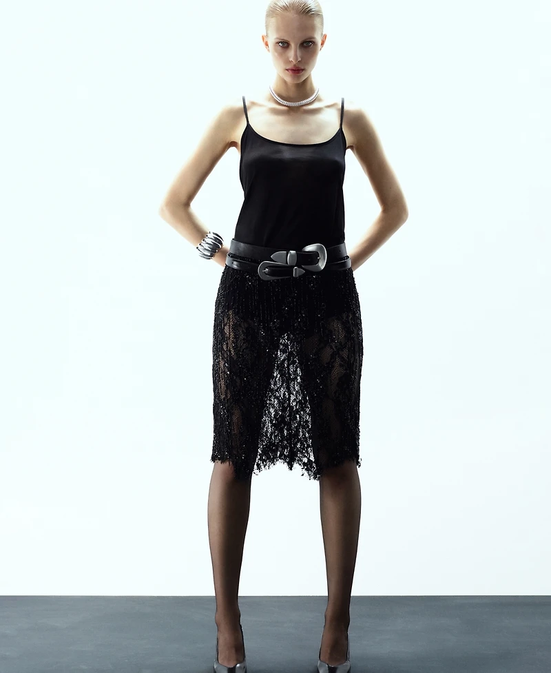 Mango Women's Beaded Lace Skirt