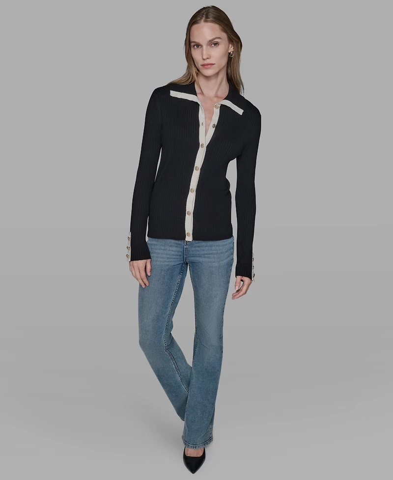 Karl Lagerfeld Paris Women's Open Collar Button Down Sweater