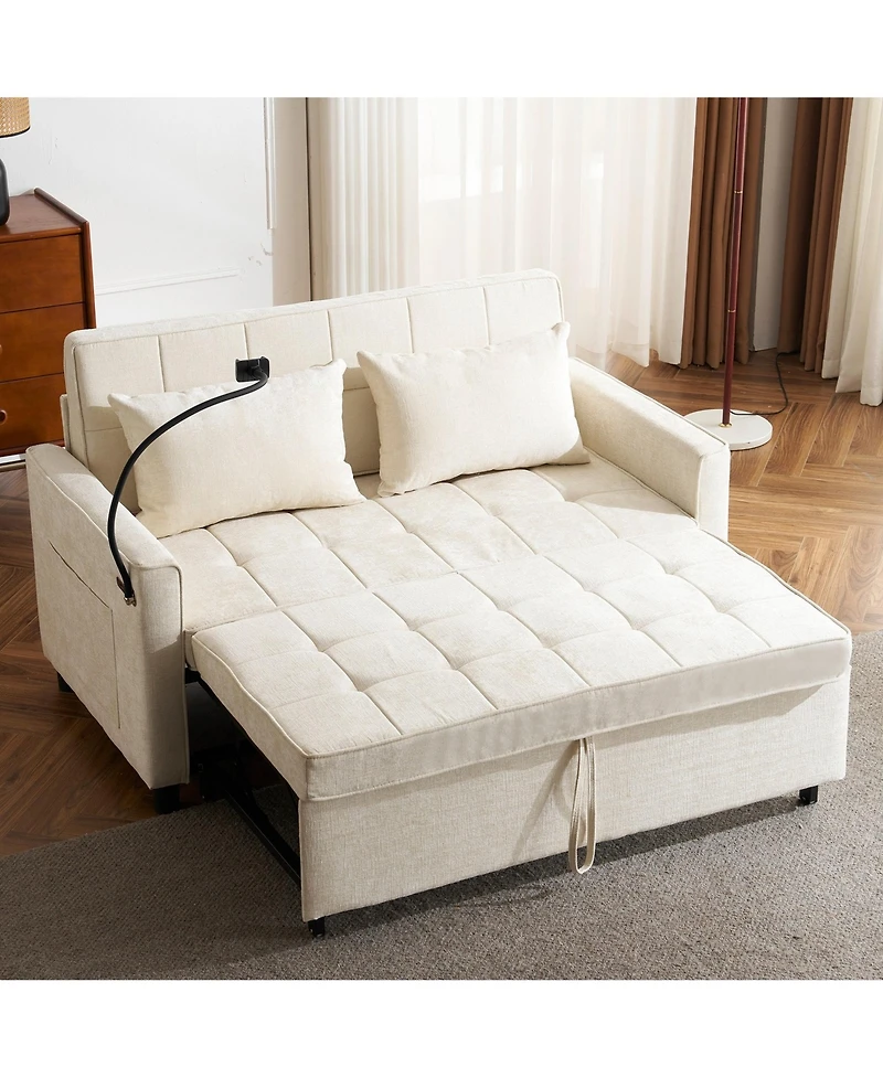 Boyel Living 56.9" Loveseat Sofa Bed, Pull-Out Sleeper, Linen, Reversible Backrest, Side Pockets, Usb Ports, Phone Holder