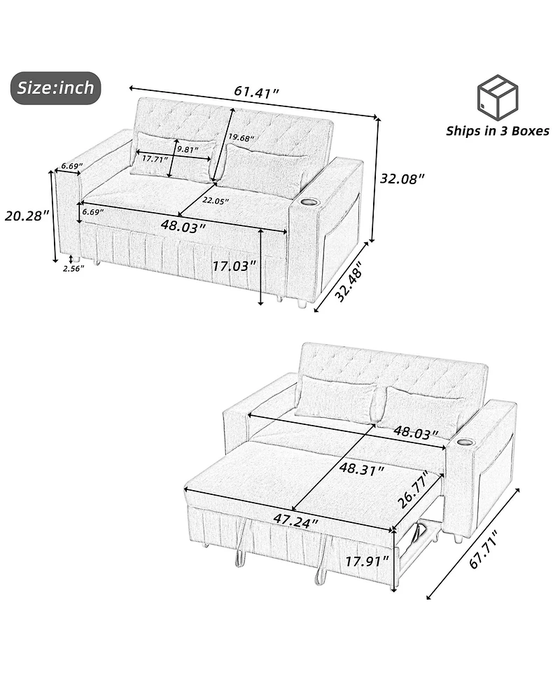 Boyel Living 61.4" Linen Pull-Out Sofa Bed, Convertible Sleeper with Adjustable Backrest, Modern Design Loveseat for Room