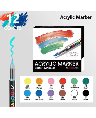 Htutwoo 12 Colors Acrylic Markers, Soft Brush Tip Markers for Coloring, Waterproof Crafts Supplies for Ceramic, Stone, Wood, Art Supplies Kit
