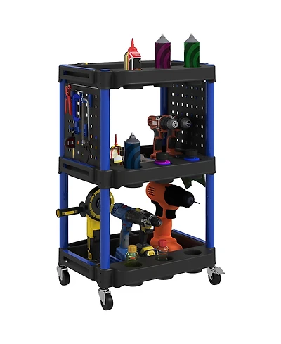 Homcom 3-Tier Rolling Tool Cart with Wheels, Plastic Utility Cart,