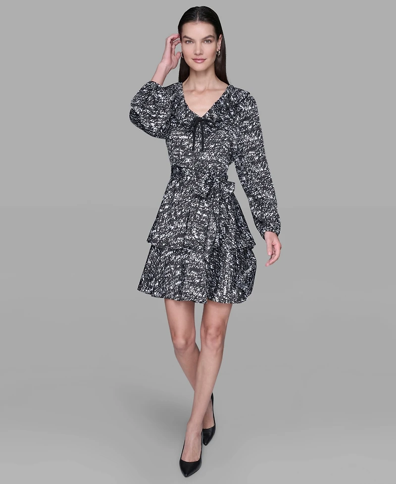 Karl Lagerfeld Paris Women's Printed Satin Ruffle V-Neck Dress