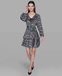 Karl Lagerfeld Paris Women's Printed Satin Ruffle V-Neck Dress