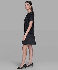 Karl Lagerfeld Paris Women's Sequin Bow Applique Drop-Waist Dress