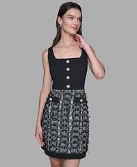 Karl Lagerfeld Paris Women's Contrast Tweed and Knit Button Front A Line Dress