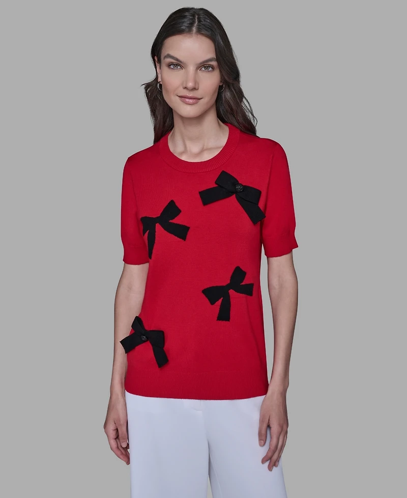 Karl Lagerfeld Paris Women's Short Sleeve Bow Applique Detail Sweater