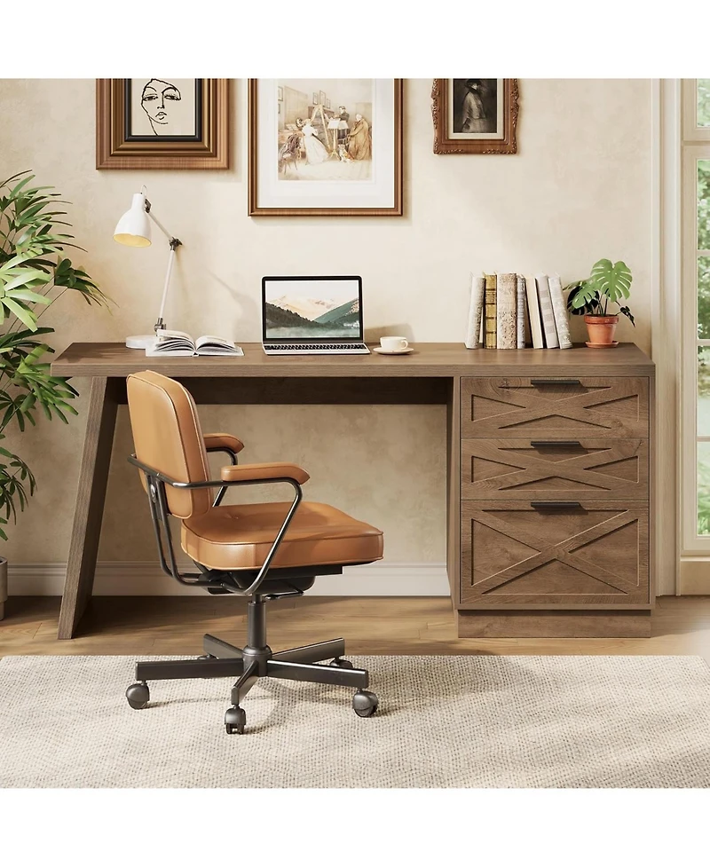 Tribesigns 59" Gaming Desk, Wooden Computer Desk with Drawers, Farmhouse Storage Workstation