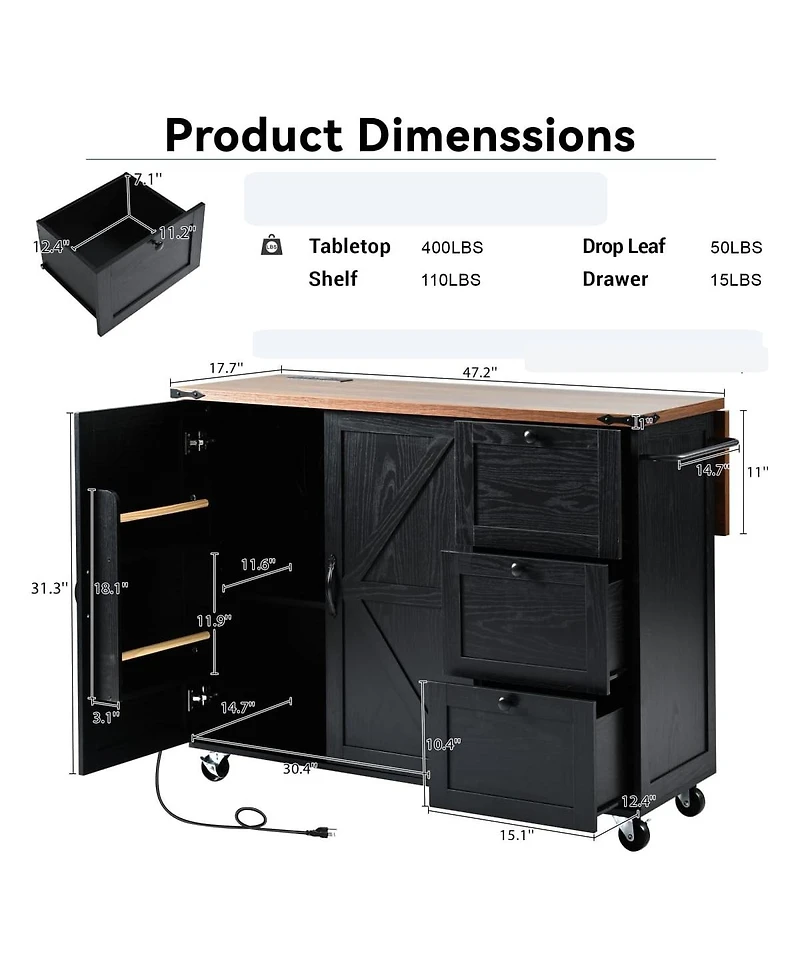 Kitchen Island with Power Outlet & Drop Leaf, 47.2" Farmhouse Rolling Cart Spice Rack Storage Drawers-Maison Boucle
