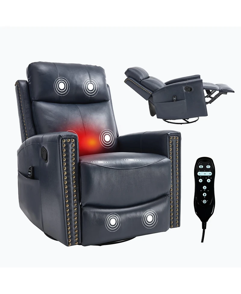 Genuine Leather Heat Massage Manual Recliner Chair with Rocker and Swivel for Living Room