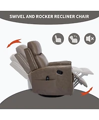 Genuine Leather Heat Massage Manual Recliner Chair with Rocker and Swivel for Living Room