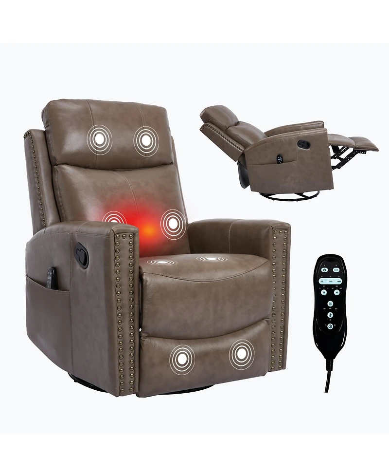 Genuine Leather Heat Massage Manual Recliner Chair with Rocker and Swivel for Living Room