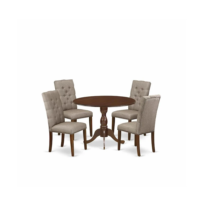 5 Piece Dining Set Includes 1 Drop Leaves Wooden Table and 4 Dark Khaki Linen Fabric Parsons Chair Button Tufted Back with Nail Heads