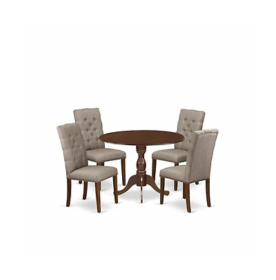5 Piece Dining Set Includes 1 Drop Leaves Wooden Table and 4 Dark Khaki Linen Fabric Parsons Chair Button Tufted Back with Nail Heads