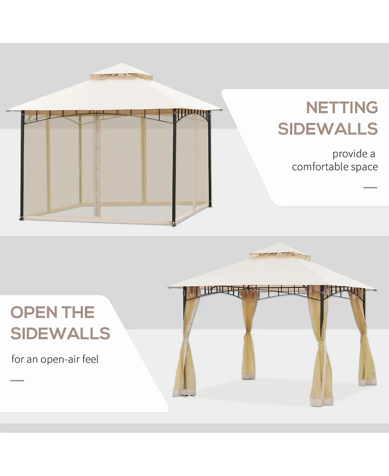 Outsunny 10'x10' Outdoor Patio Gazebo Canopy Metal Canopy Tent with 2-Tier Roof and Mesh Netting for Backyard, Beige