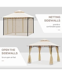Outsunny 10'x10' Outdoor Patio Gazebo Canopy Metal Canopy Tent with 2-Tier Roof and Mesh Netting for Backyard, Beige