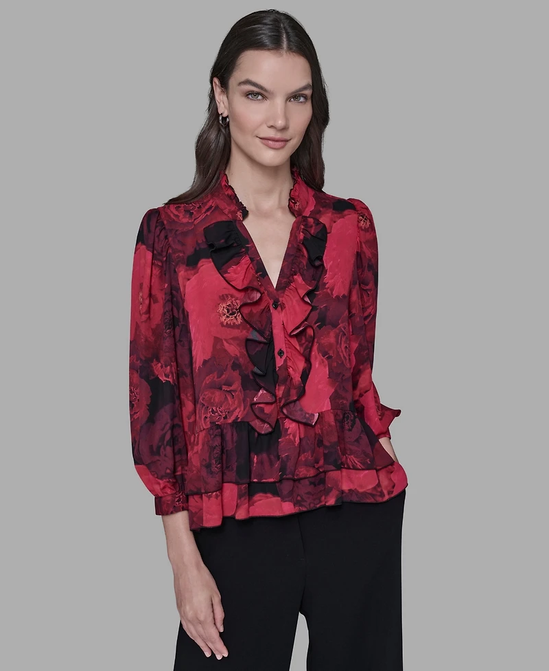 Karl Lagerfeld Paris Women's V-Neck Floral Print Ruffle Detail Top