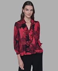 Karl Lagerfeld Paris Women's V-Neck Floral Print Ruffle Detail Top