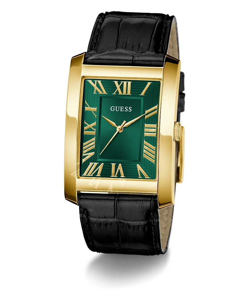 Guess Men's Gold-Tone Black Leather Analog Watch, 34mm