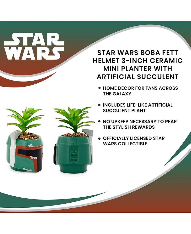 Star Wars Boba Fett Helmet 3-Inch Ceramic Planter With Artificial Succulent | Small Flower Pot, Faux Indoor Plant For Desk Shelf, Trinket Tray | Cute