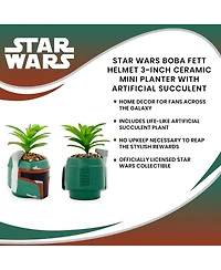 Star Wars Boba Fett Helmet 3-Inch Ceramic Planter With Artificial Succulent | Small Flower Pot, Faux Indoor Plant For Desk Shelf, Trinket Tray | Cute