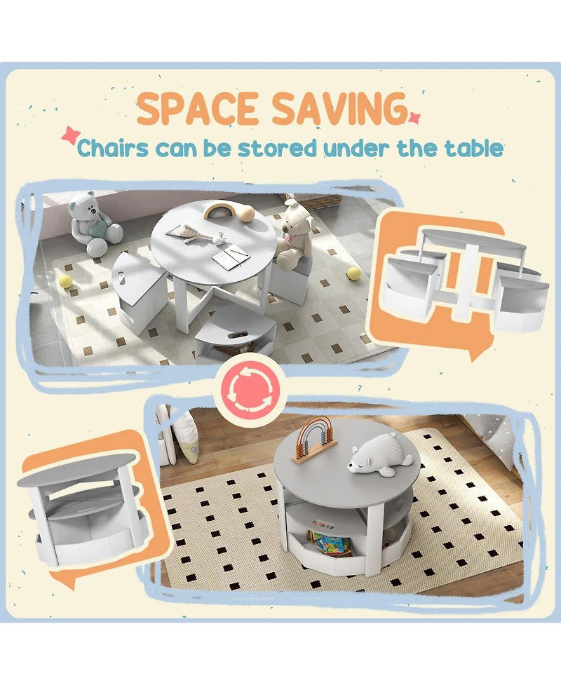 Qaba 5 Piece Kids Table and Chairs Set with Storage for Activities, Gray