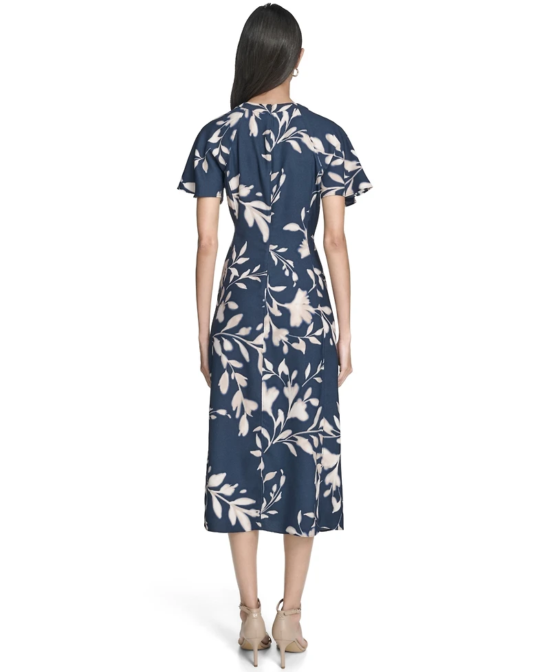 Calvin Klein Women's Printed Flutter Sleeve Crewneck Midi Dress