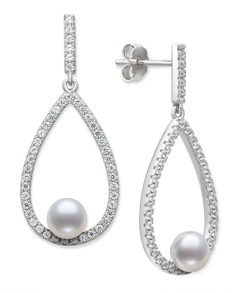 Belle de Mer Cultured Freshwater Button Pearl (6-7mm) and Lab Created Sapphire(1 3/4 ct.t.w) Earrings in Sterling Silver