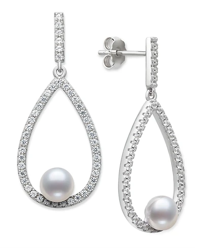 Belle de Mer Cultured Freshwater Button Pearl (6-7mm) and Lab Created Sapphire(1 3/4 ct.t.w) Earrings in Sterling Silver