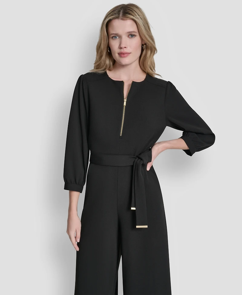 Dkny Women's 3/4 Sleeve Wide Leg Exposed Zipper Jumpsuit