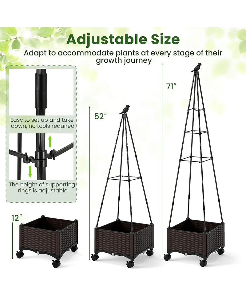 Costway 1 Pcs Raised Garden Bed with Plant Box & Obelisk Trellis Lockable Wheels Cage Planter