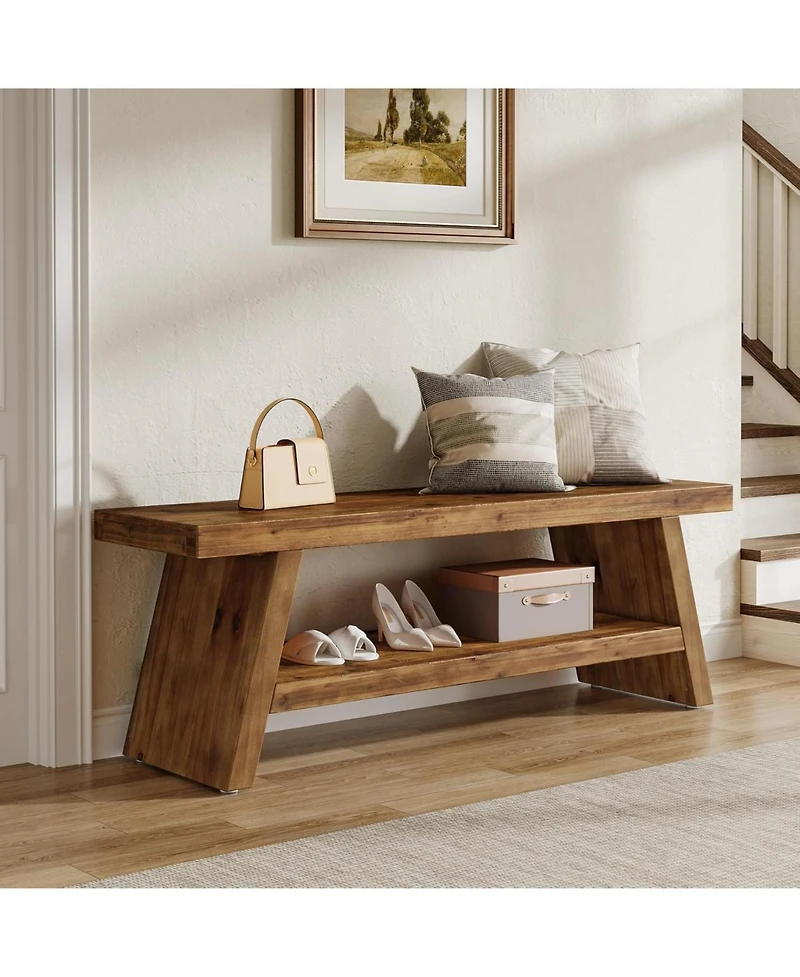 Tribesigns 2-Tier Entryway Bench, Hallway Foyer Solid Wood Seating with Open Shelves