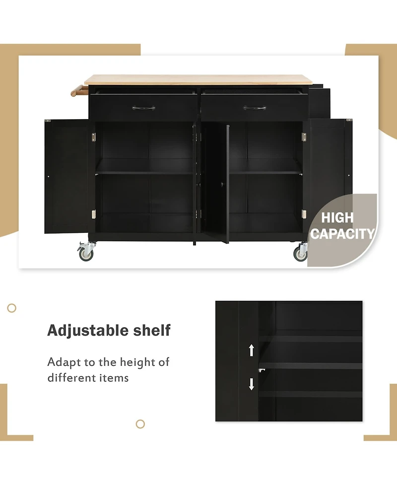 Casainc 54.3inch Kitchen Island Cart with Solid Wood Top, Locking Wheels, 4-Door Cabinet, Two Drawers, Spice Rack and Towel for Dining Room