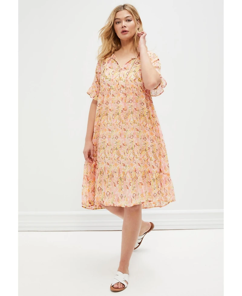 ellos Women's Sheer Ruffle Trim Dress With Keyhole Neckline