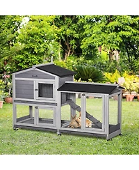 PawHut 62" Wooden Rabbit Hutch with Wheels, Run Box, No Leak Tray, and Ramp