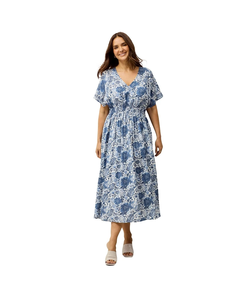 ellos Women's Plus V-Neck Elastic Waist Midi Dress