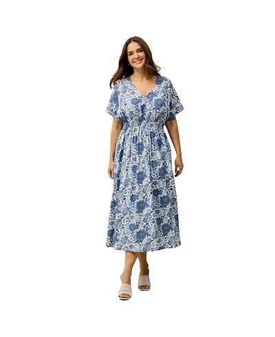 ellos Women's Plus V-Neck Elastic Waist Midi Dress