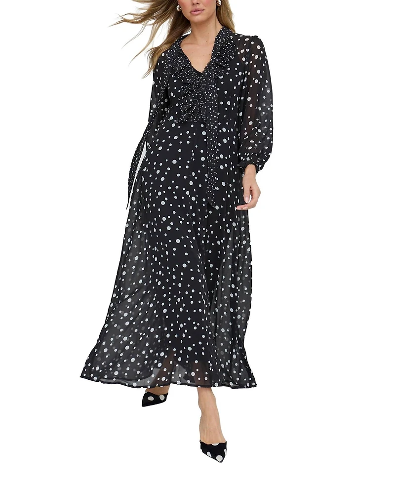 Lily and Lionel London Women's Margot Ruffle Neck Spot Print Maxi Dress