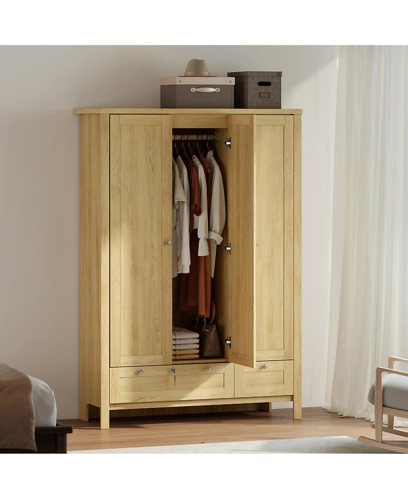 Homcom Wardrobe Closet with 3 Doors and 2 Drawers Bedroom Armoire Natural