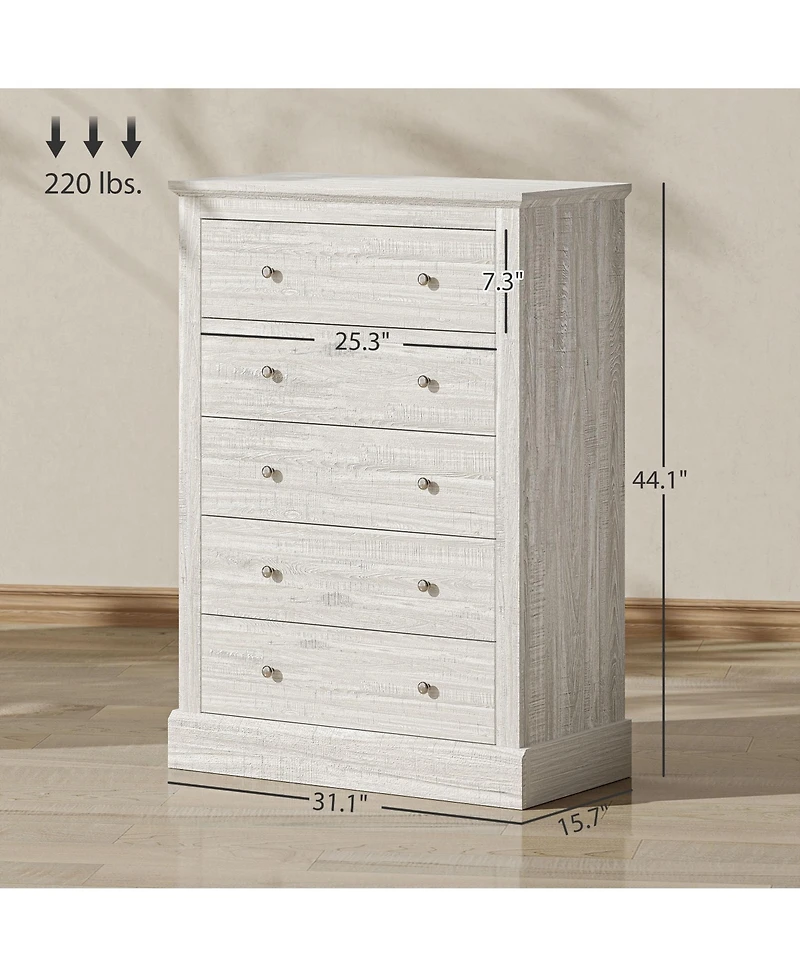 Homcom wood construction features five spacious drawers for organized bedroom storage, designed as a functional dresser