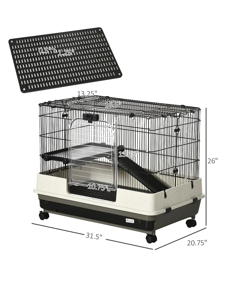 PawHut Small Animal Cage with Wheels, Portable Bunny Cage 2-Tier