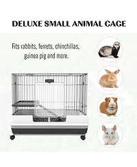 PawHut 2-Level Small Animal Cage with Wheels, Tray, Platform, Ramp,