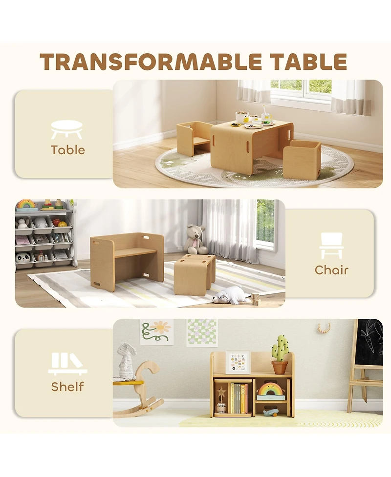 Qaba Kids Table and Chair Set, Wooden Activity Table with Chairs, Natural