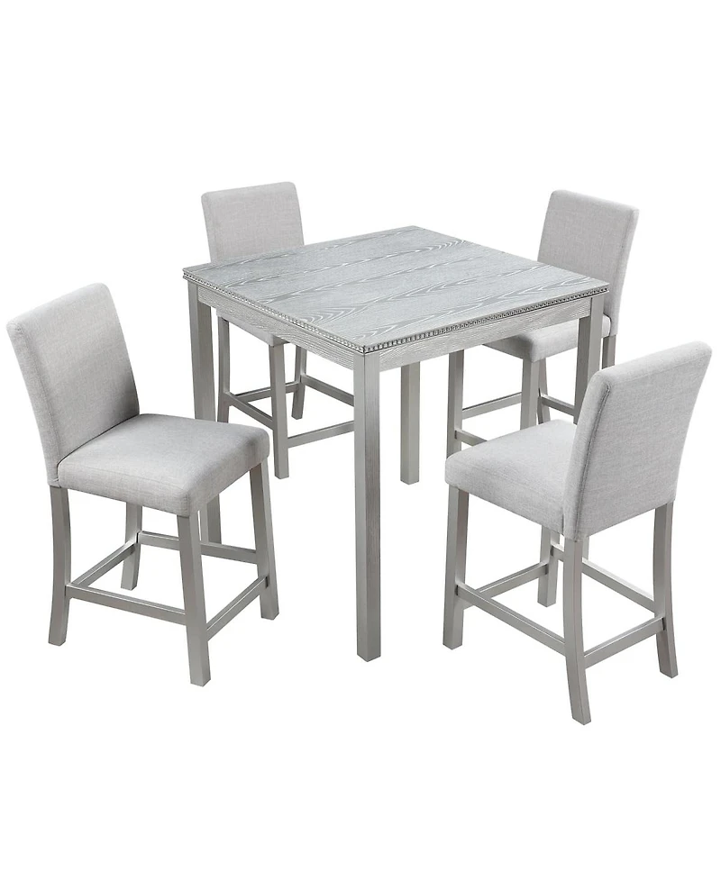 5-Piece Counter Height Dining Set with 4 Upholstered Chairs, 34.5" Square Table Crystal Trim for Small Room-Maison Boucle