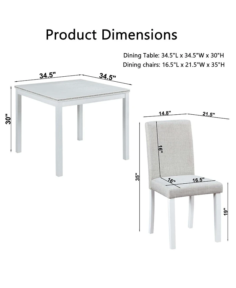 5-Piece Square Dining Table Set with 4 Upholstered Chairs, Crystal Trim Wood for Kitchen or Small Room-Maison Boucle