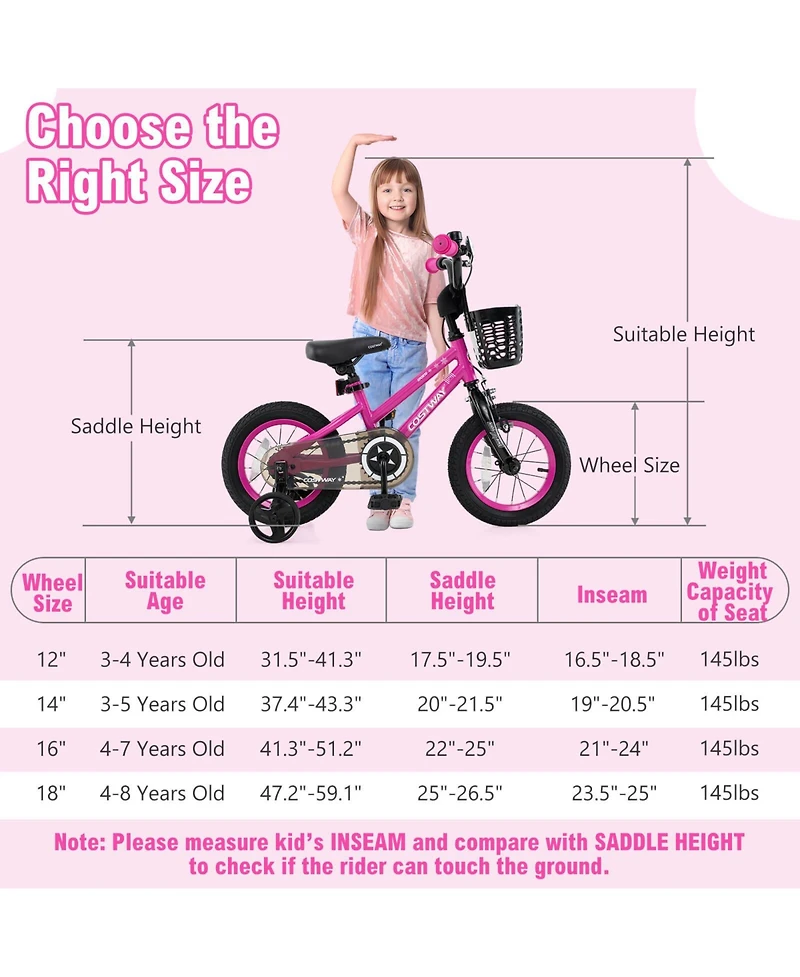 Costway 12" Kid s Bike with Training Wheels Adjustable Handlebar & Seat Handbrake